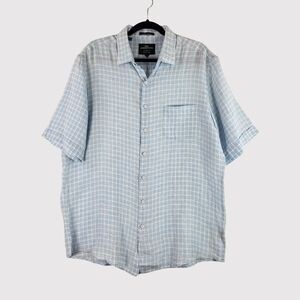 Rodd Gunn Mens Button Up Shirt Blue Original Fit Plaid Linen Short Sleeve Large